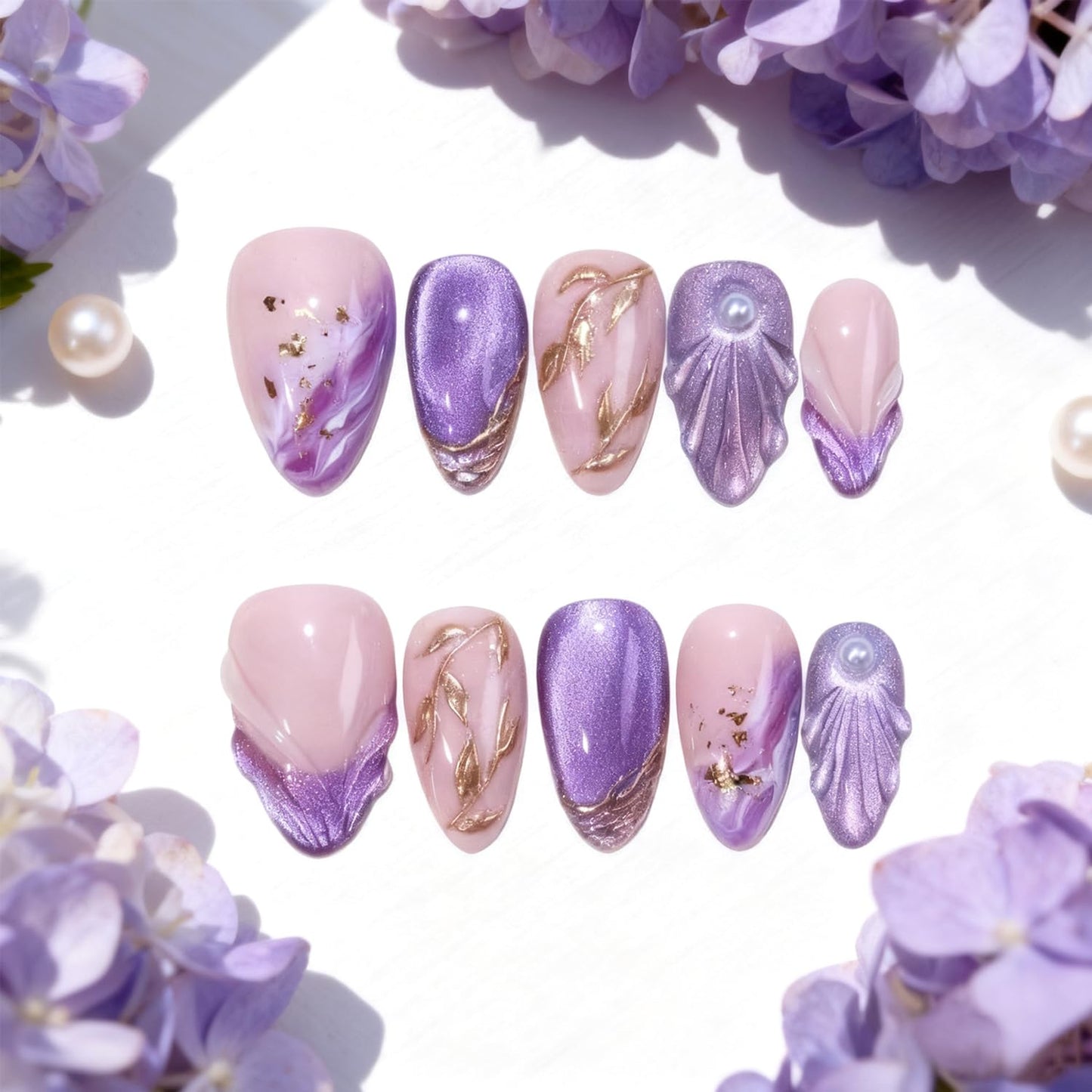 30Pcs Purple French Press on Nails Medium Almond Fake Nails with 3D Pearls Design Chrome Gold False Nails Glitter Full Cover Gold Leaf Gilded Reusable Purple Smudge Artificial Glue on Nails for Women