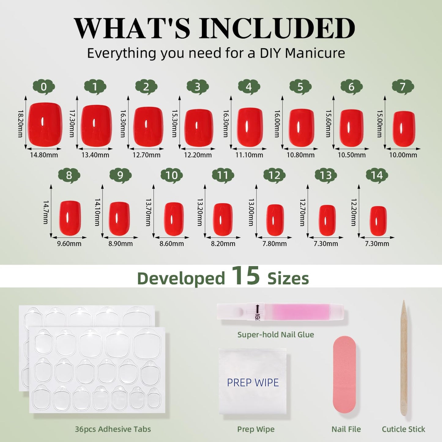 Red Press On Nails - Classic Red Short Square Fake Nails, Square Press On Nails Reusable Stick On Nails in 15 Sizes, 30pcs False Nail Kit for Women & Girls (ClassicRed)