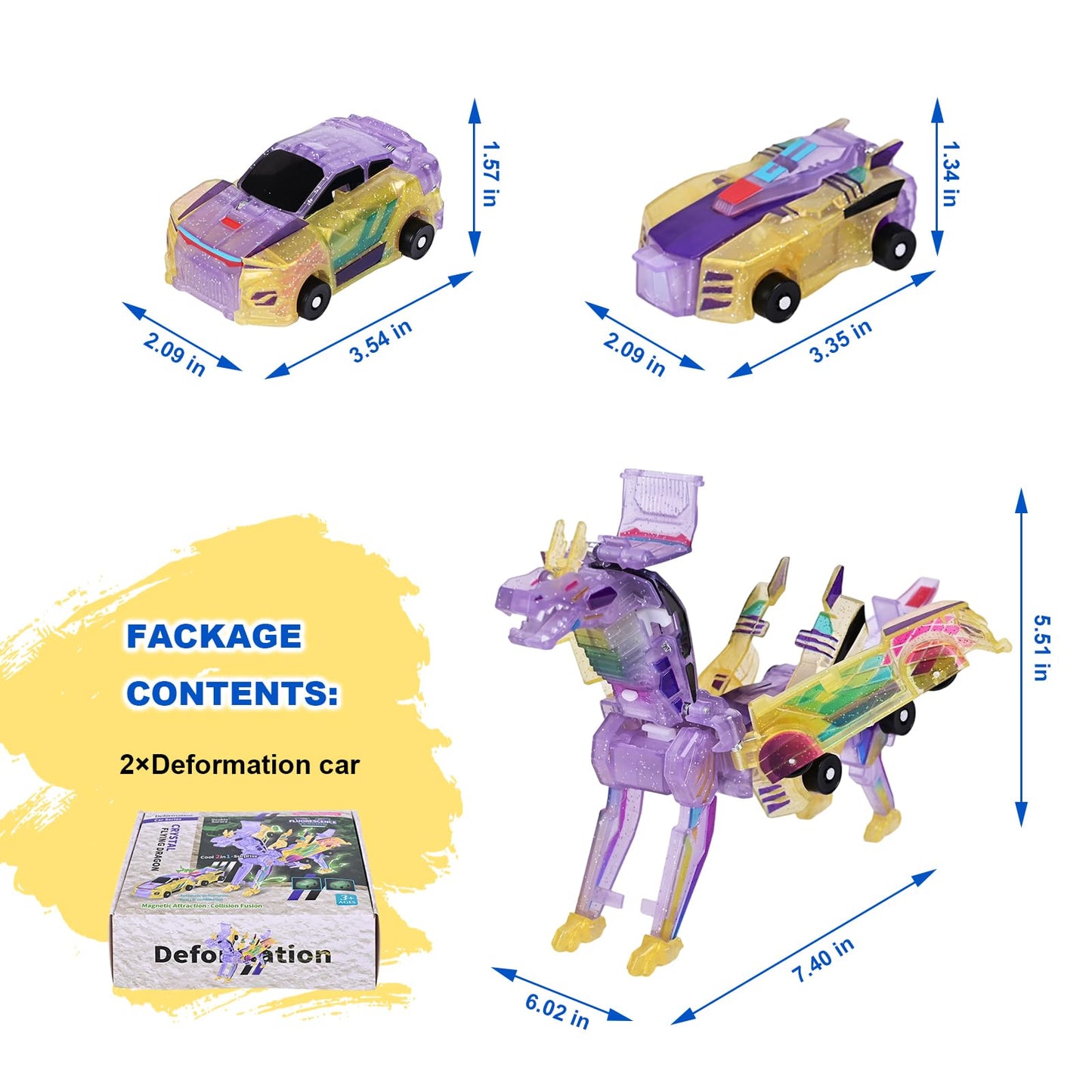 Gkiozu Magnetic Dinosaur Car Toy - 2 in 1 Crash & Transform Vehicle to Dino, No Battery Needed for Kids Age 3-12, Birthday Gift (Yellow)