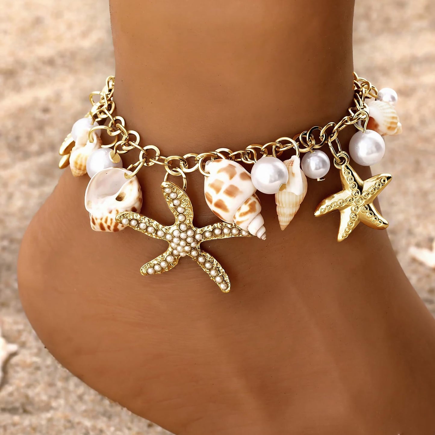 Qceasiy Shell Ankle Bracelet Set for Women, Gold Plated Boho Bead Adjustable Anklet, Hawaiian Beach Seashell Pearl Heart Starfish Conch Foot Jewelry Gifts (Conch Starfish1)