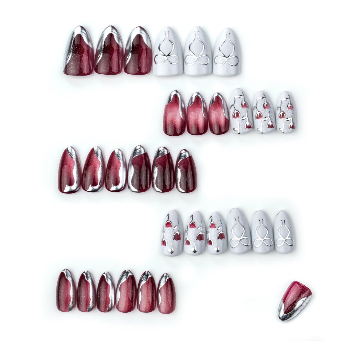 Medium Press on Nails Almond Fake Nails Red Acrylic Nail Press Ons Seeneey Bow and Flowers Designs Cat eye Stick on Nail for Women 30pcs