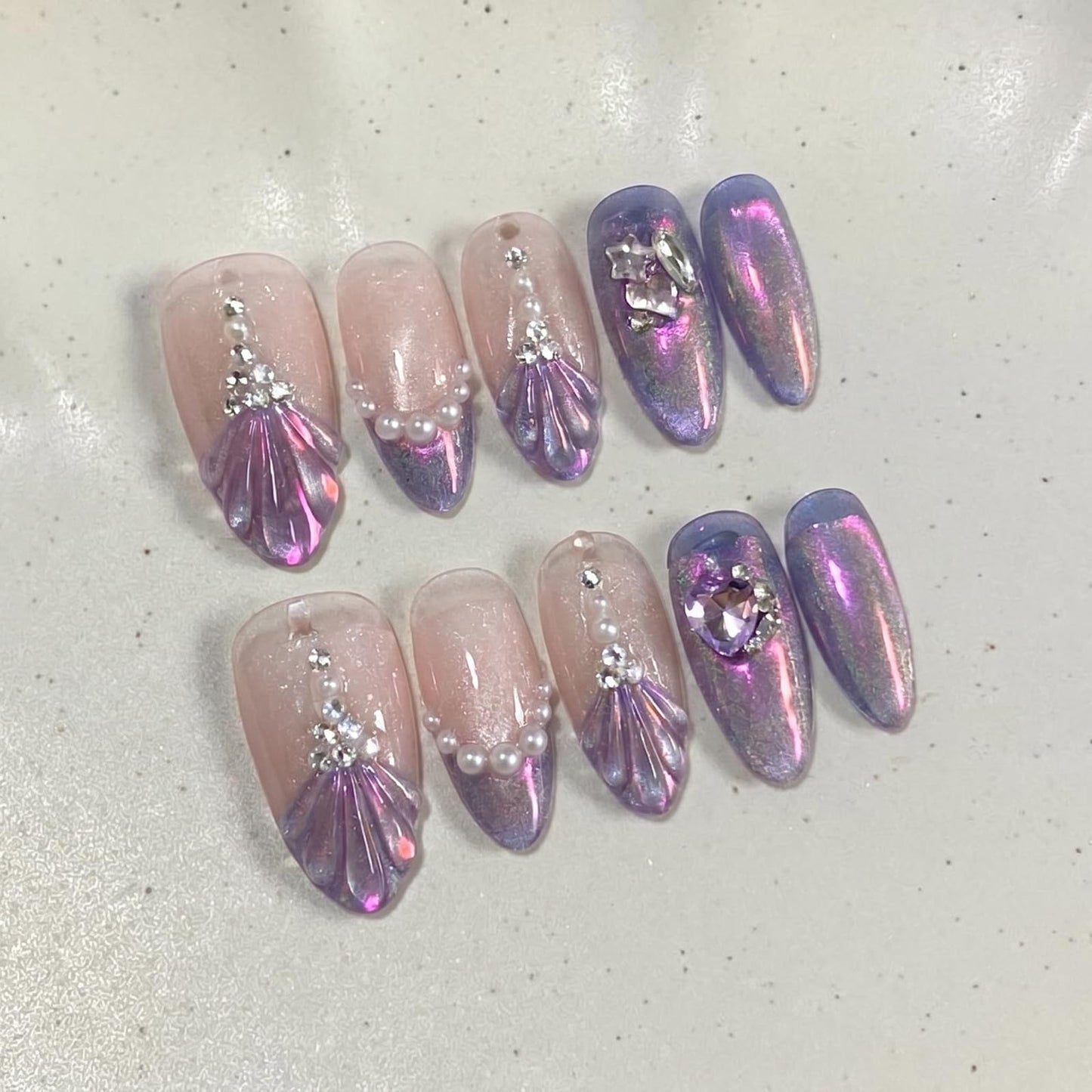 IMRAIN Almond Press on Nails, Medium Fake Nails, Purple Cat Eye 3D Mermaid Tail Pearl Heart, 30Pcs Reusable Glue on Nails for Women, Salon Quality