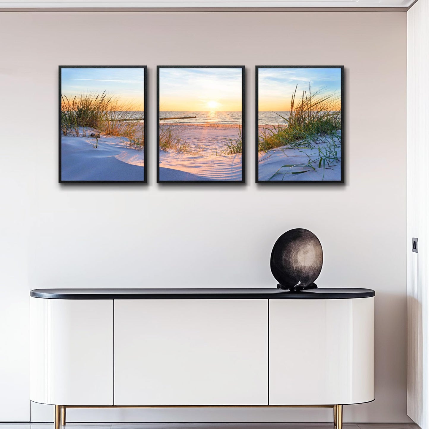 Black Framed Beach Wall Art Set - Blue Seascape Paintings for Living Room, Bedroom & Office - 12"X16" Each