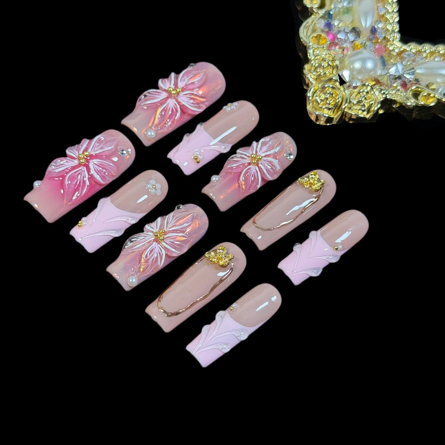 Handcrafted Press on Nails, 3D Floral Pink on Blush Nude Fake Nails, Long/Medium Square Shape, Reusable Acrylic False Nails Filigree Bloom (M)