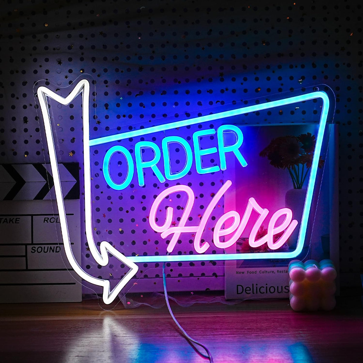 Order Here Neon Sign Led letters Sign Dimmable Order Neon Light for Wall Decor Larger Order Here Light Up Sign for Restaurant Shop Bar Business Neon Decor(16.1 * 12.6 In)