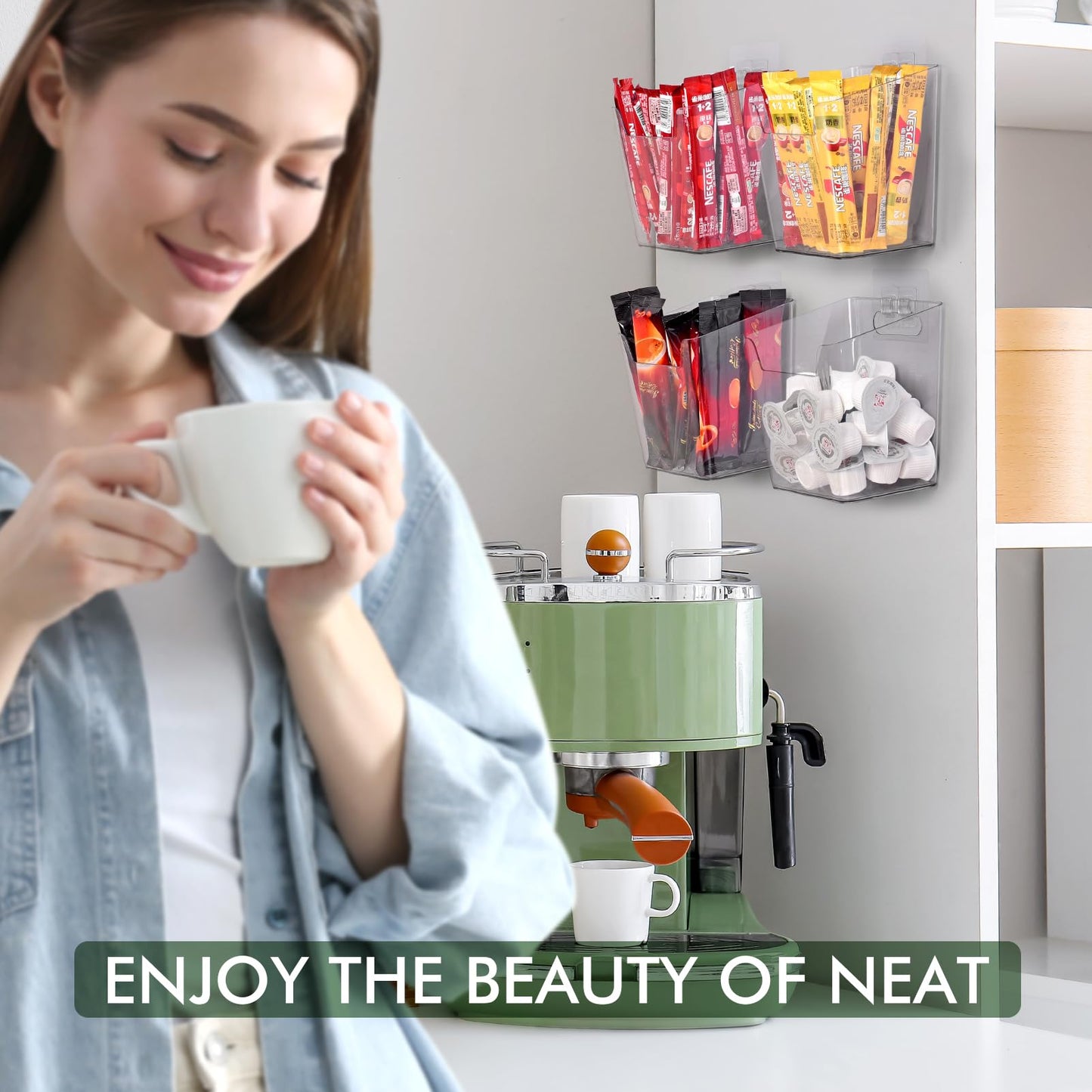 Clear Adhesive Wall Storage Bins, 4 Pack Cabinet Door Organizer Holders, Hanging Wall Mount Pockets, Plastic Cups for Shower Bathroom Makeup Office Craft Remote Kitchen Sink RV Organization (Small)
