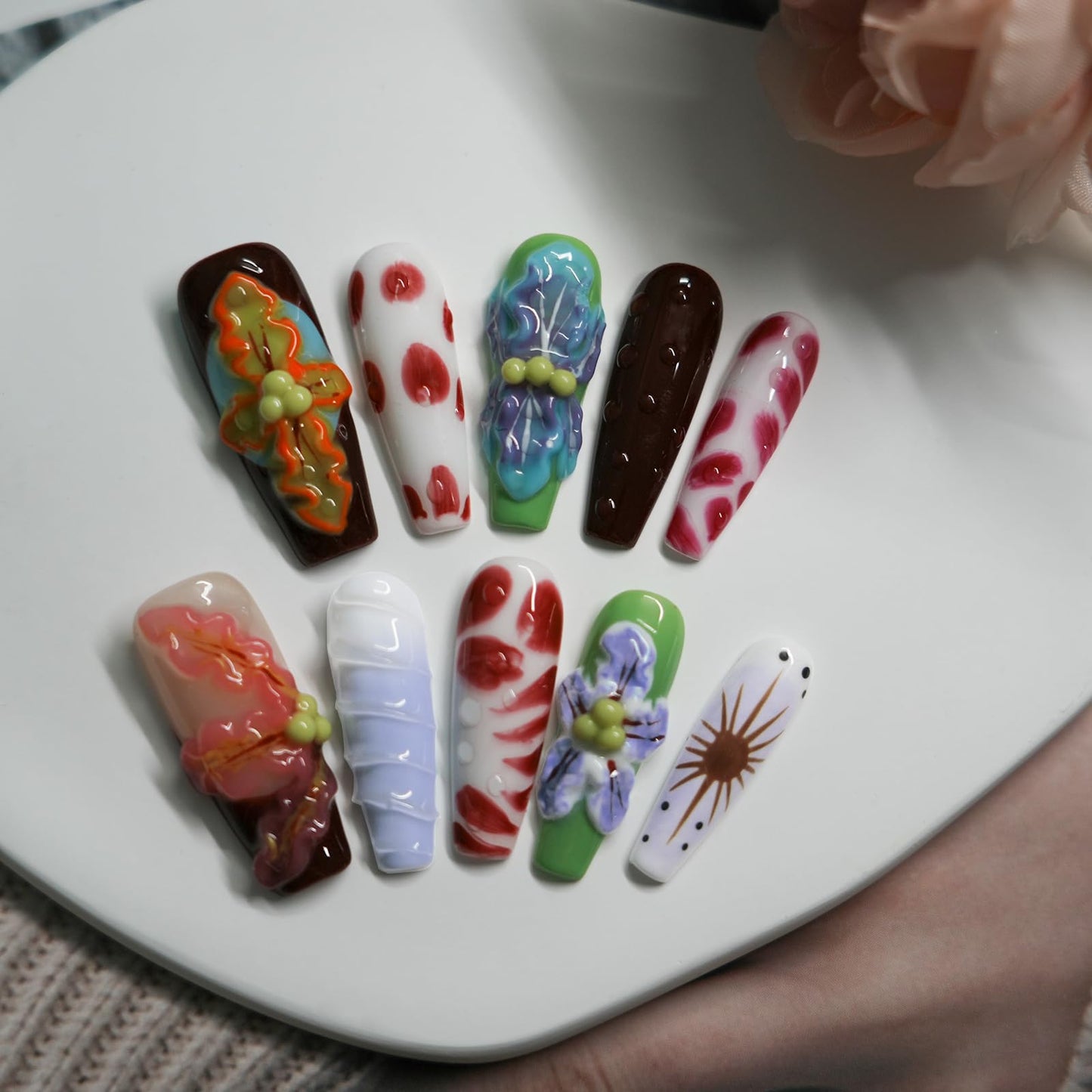 Tesytto Long Coffin Press On Nails with 3D Floral Design - Summer Multicolor Thick Luxury False Nails Reusable Acrylic Nails (Summer Stories,S)