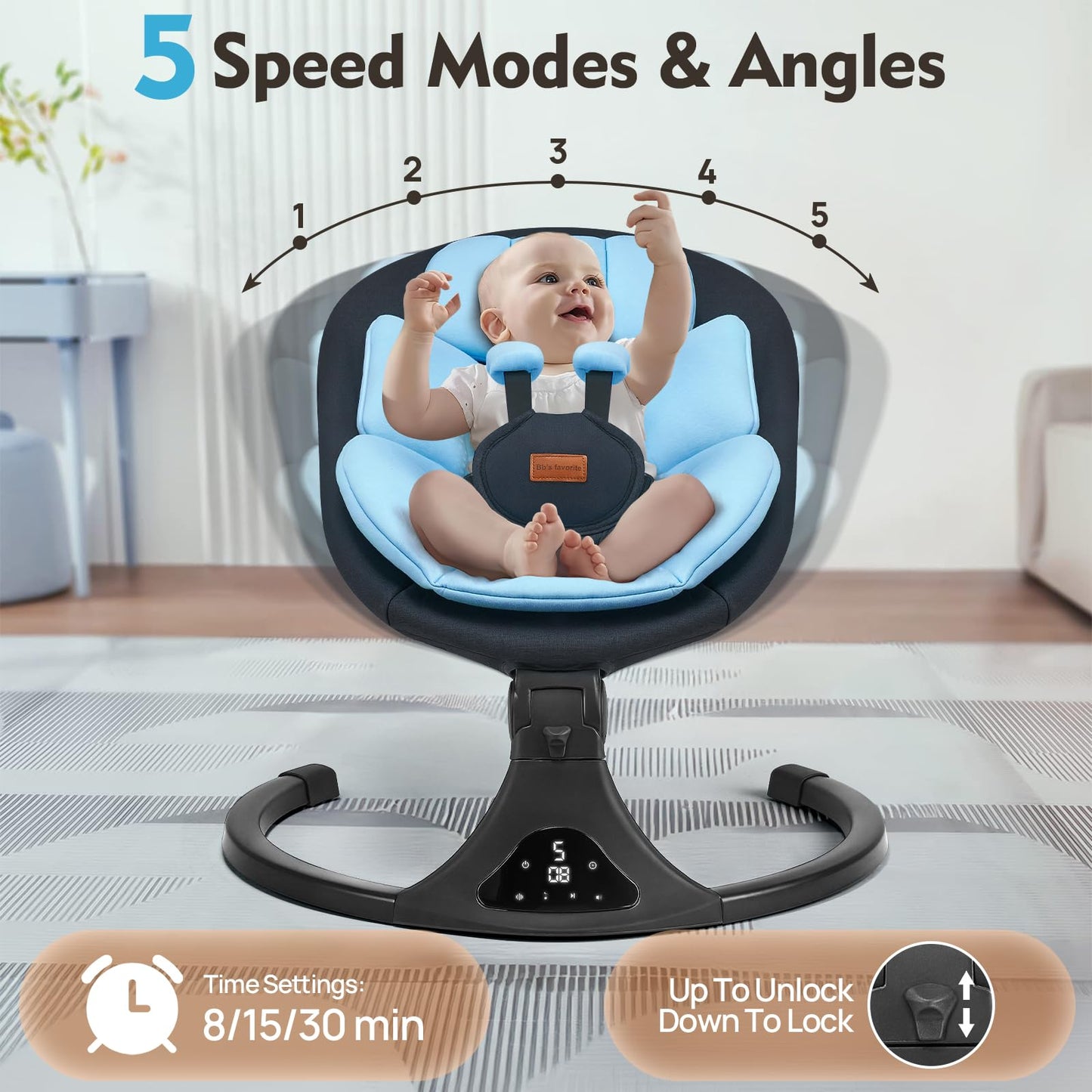 Baby Swing for Infants, Bluetooth Electric Infant Swing with 5 Speed Motions, 12 Soothing Melodies & Remote Control, Portable for Newborns 0-9 Months (Max 20 lbs, Blue)