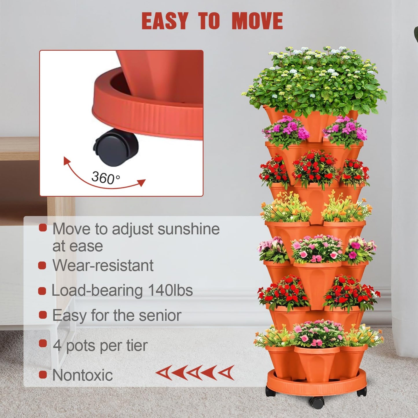 SunFunUSA 7 Tier Vertical Strawberry Planter-Tower Stackable Herb Planter Stacking Garden Planters Pot Outdoor with Tools Mover for Growing Flowers, Vegetables and Succulents, Red