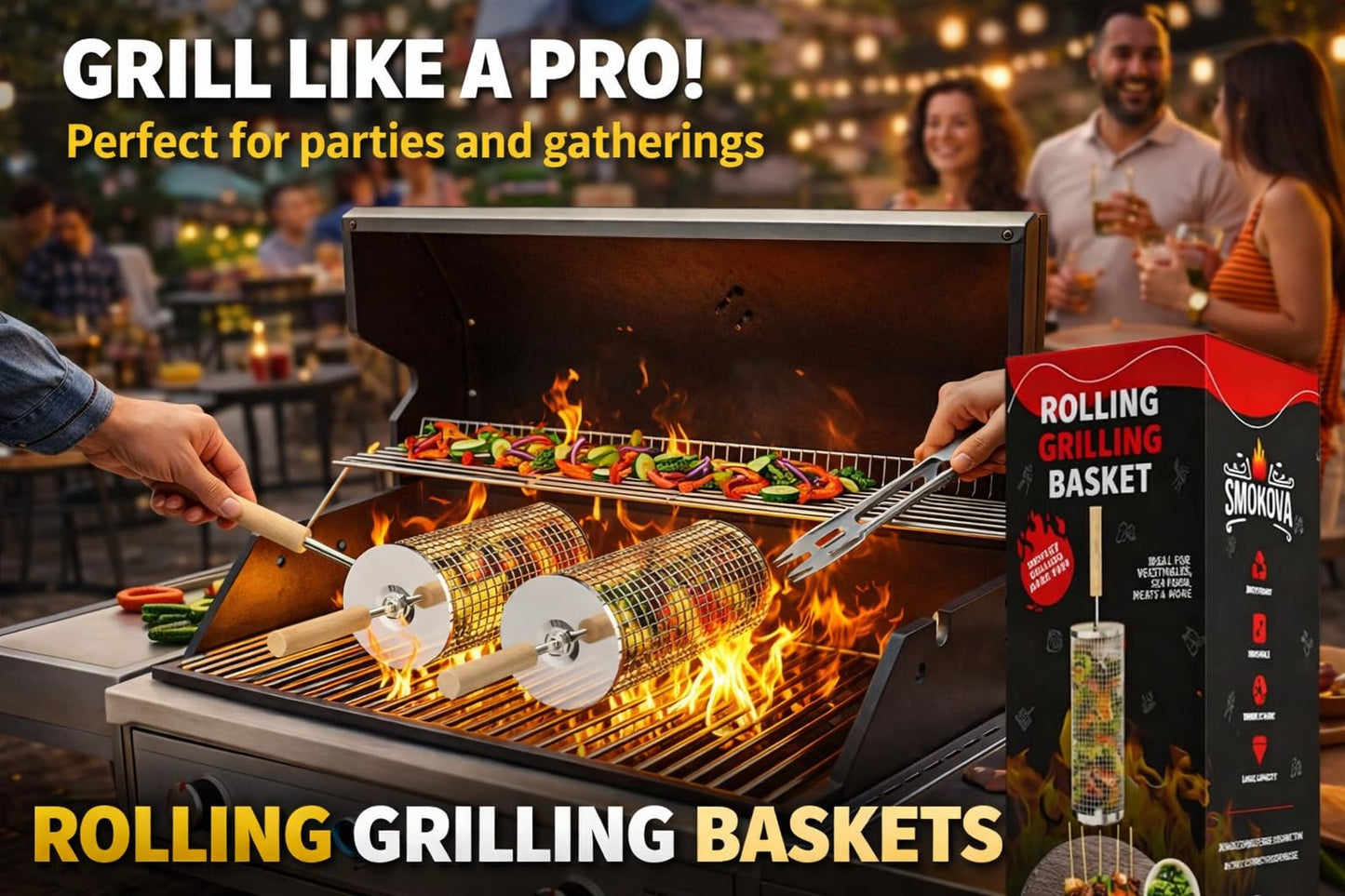 Smokova Rolling Grill Basket for Veggies (2 PCS) | 304 Stainless Steel Grill Baskets for Outdoor Grill with Removable Wooden Handle | BBQ Baskets for Grilling | Vegetable Grill Basket