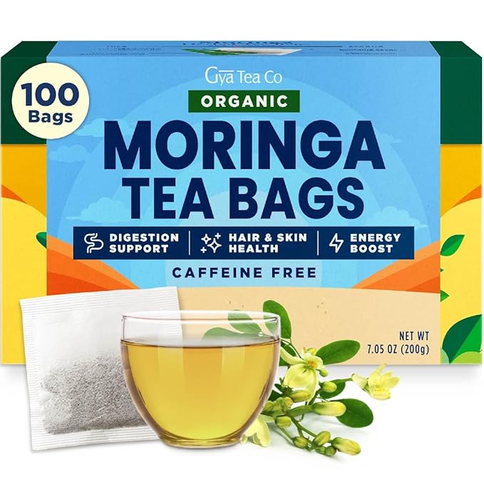 Gya Tea Co Moringa Leaves Herbal Tea Bags (100 Bags) - Caffeine Free with a Tangy Flavor for All Day Comfort, Calming, Relaxing & Nourishing - Fruit & Herbal Blends
