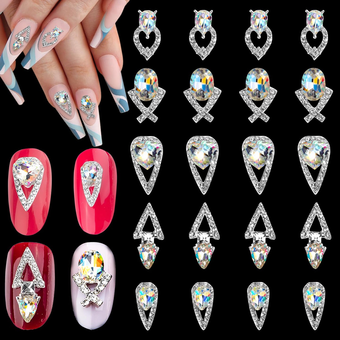 SILPECWEE 20pcs 3D Silver Nail Rhinestone Charms Flat-Back AB Nail Crystal Alloy Nail Art Charms Gem Diamond for Nails Studs Nail Jewels Decoration for DIY Salon Manicure Accessories