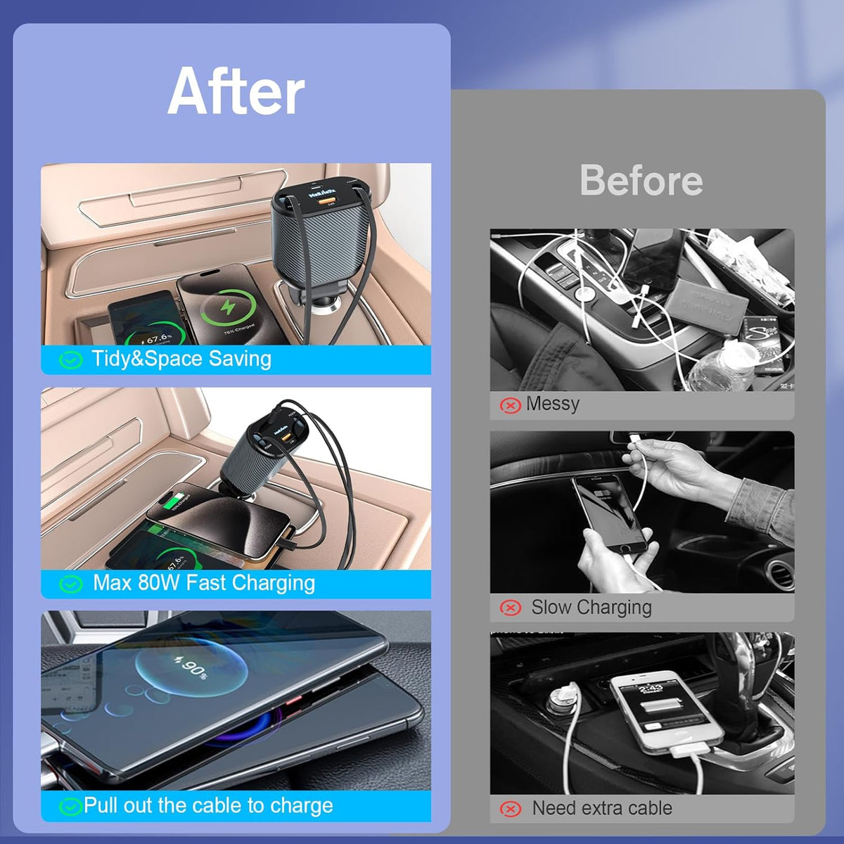 Retractable Car Charger for 4 in 1 Fast Charging Max 80W【ONLY 2 Type-C Charging Cable】 for iPhone16 15/Galaxy,USB-A/C Port for iPhone16/15/14/13/Pro Max Plus,iPad,AirPods,PD 3.0 Cord