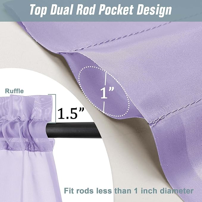 Valances for Windows 14 inch Length 2 Panels, Small Voile Sheer Curtains for Bathroom, Soft Fabric Lightweight Light Filtering Kitchen Curtains, Dual Rod Pocket, Lavender, 2x42Wx14L Inches