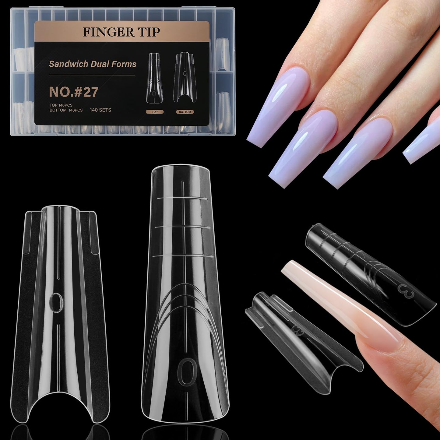 Vnjaoi 280 Pcs Original Sandwich Nails Dual Form with Guide Lines Long Coffin Nail Mold for Builder Gel Nail Extensions Art Design Salon DIY at Home