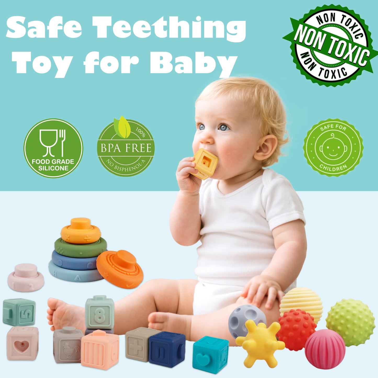 Weilim Montessori Toys Soft Stacking Building Blocks Rings Balls Sets 3 in 1 Baby Toys Bundle for Babies Sensory for Toddlers Teething Bath for Infants Learning Education Toy
