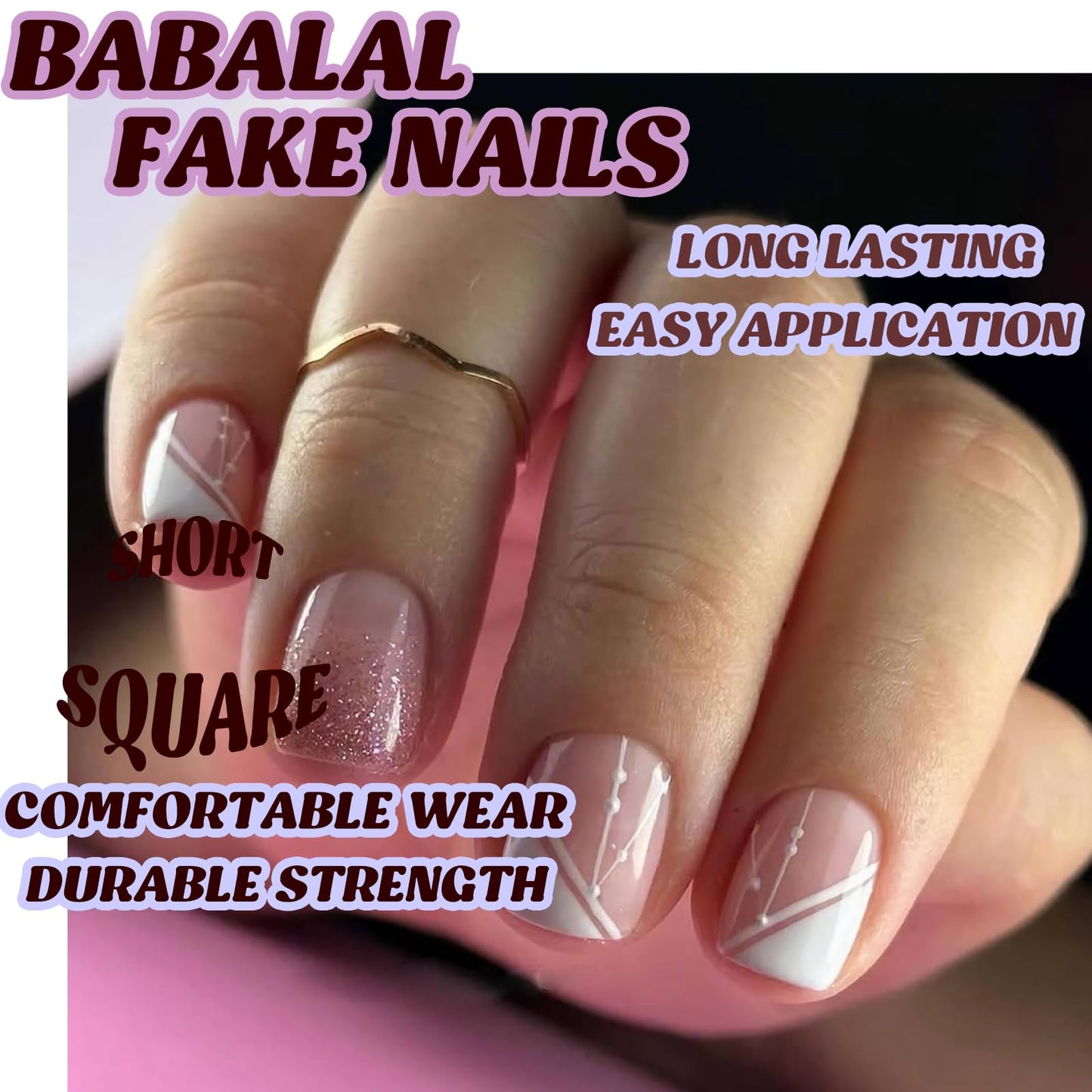 BABALAL Press on Nails Short Square Fake Nails White French Tip Glue on Supplie Design Art 24Pcs Gold Bling Full Cover Acrylic False Nails