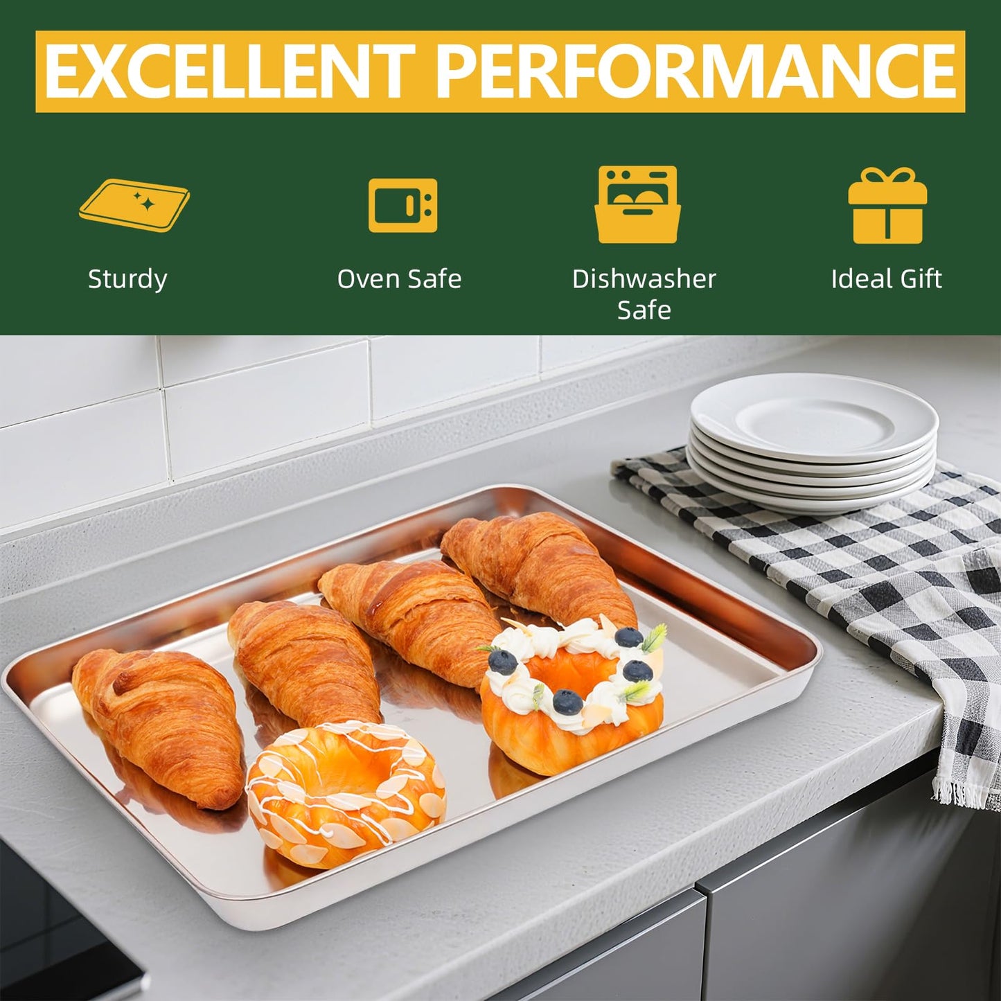4-Piece Baking Sheet Set with Cooling Rack, Stainless Steel Cookie Sheets & Baking Pans Set, Non-Stick Cookie Trays for Oven Roasting & Food Prep, BPA-Free 10/12/16 Inch