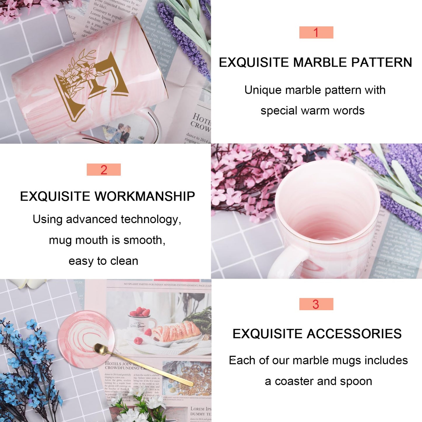 Letter E Personalized Initial Mugs with Flower, Letter E Personalized Novelty Coffee Mug, Novelty Letter Coffee Mugs for Women, Bridal Shower Gifts, Women's Initials Gifts Coffee Mug 14 Ounce Pink