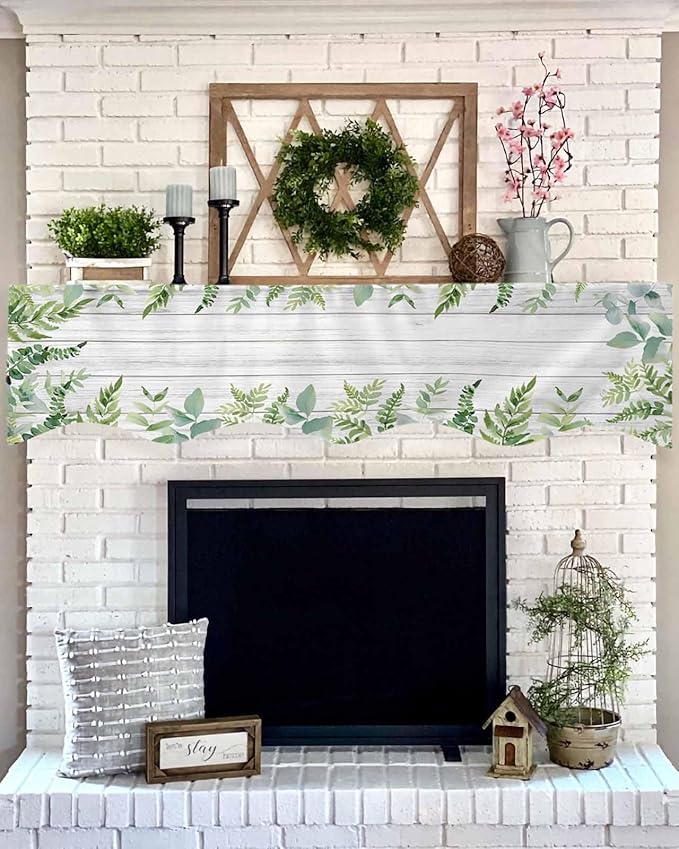 Eucalyptus Leaves Fireplace Mantel Scarf Table Runner, Summer Pastoral Botanical Gray Wooden Winter Garland Mantel Top Tablerunners Dresser Scarves Decorations for Windows Party Living Room 70''x17''