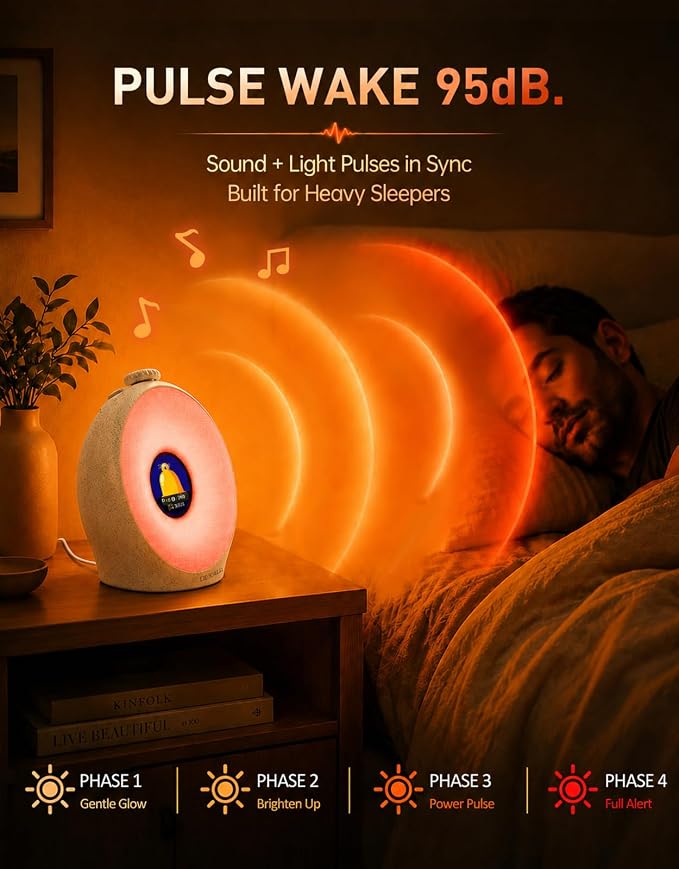 DEKALA Sunrise Alarm Clock for Heavy Sleepers with Pulse Wake, Sunset Sound Machine with Breathing Ambient Light, Loud Alarm for Bedrooms, Wake Up Light, Digital Color Display & 7 Themes, No App