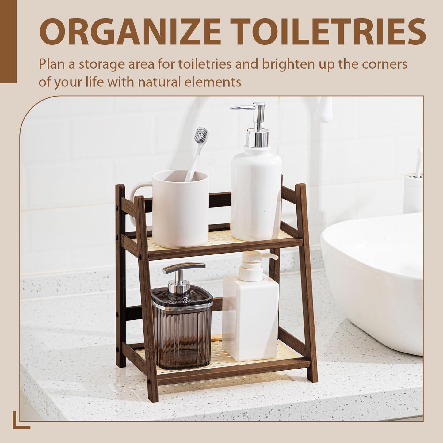 Yalikop 1 Pcs 2 Tier Matcha Station Shelf Bamboo Coffee Mug Stand Countertop Storage Rack, Double Layer Rattan Office Cup, Kitchen, Tea, Plant, Bar Accessories Condiment Display(Brown,10.2 Inch)