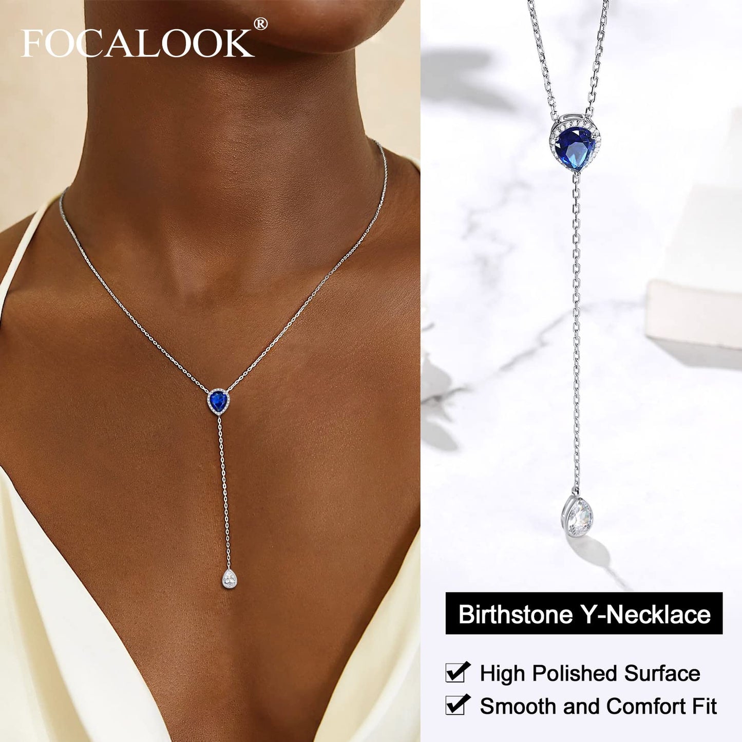 FOCALOOK 925 Sterling Silver CZ Teardrop Lariat Necklace 16"-18" Y Drop Adjustable Birthstone Necklaces for Women