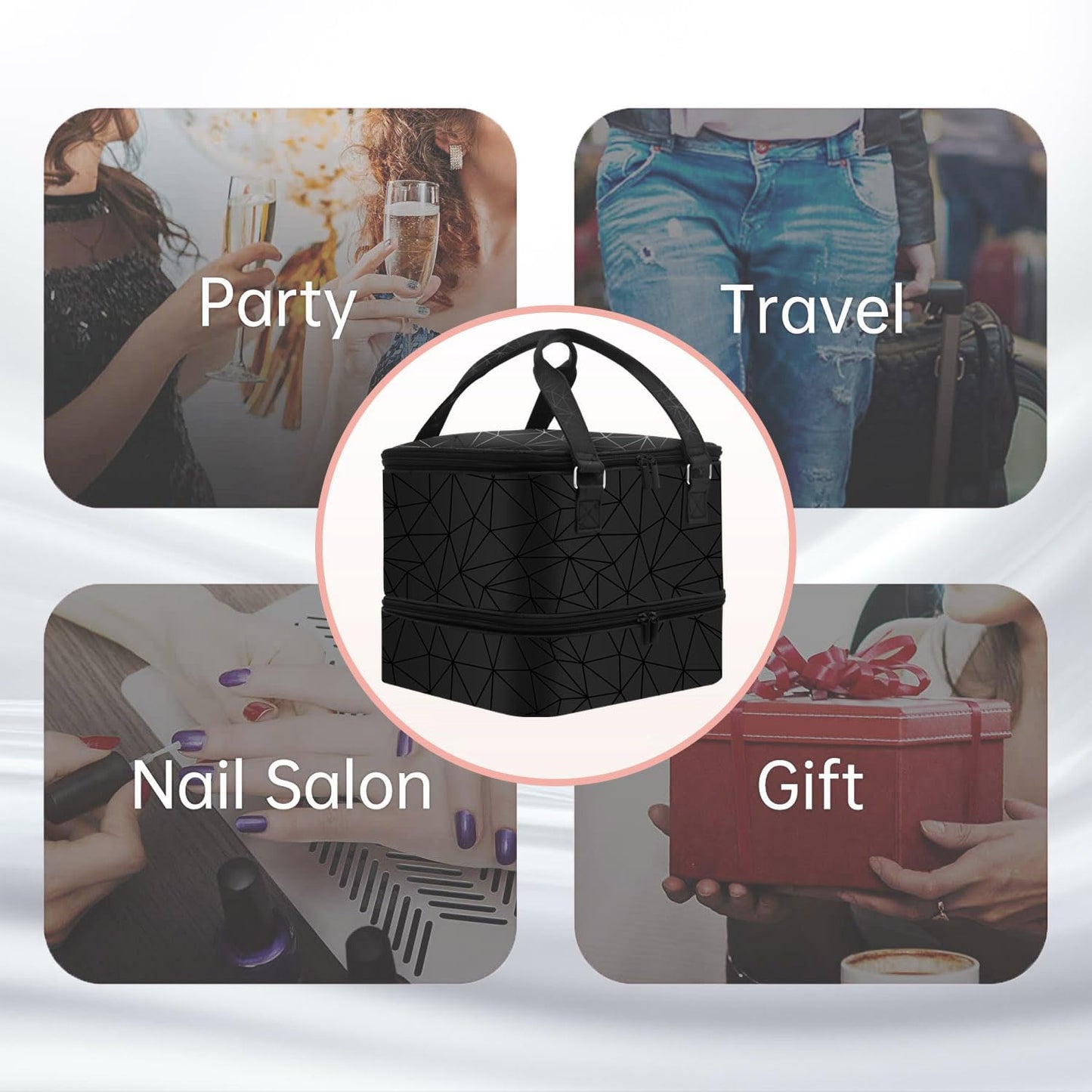 FCQQYWZ Nail Polish Organizer Case - Holds 42+ Bottles (15ml/0.5 fl.oz) and 1 Nail Lamp, Upgraded Double-layer Nail Polish Carrying Case Nail Storage Bag with Handles (Black)