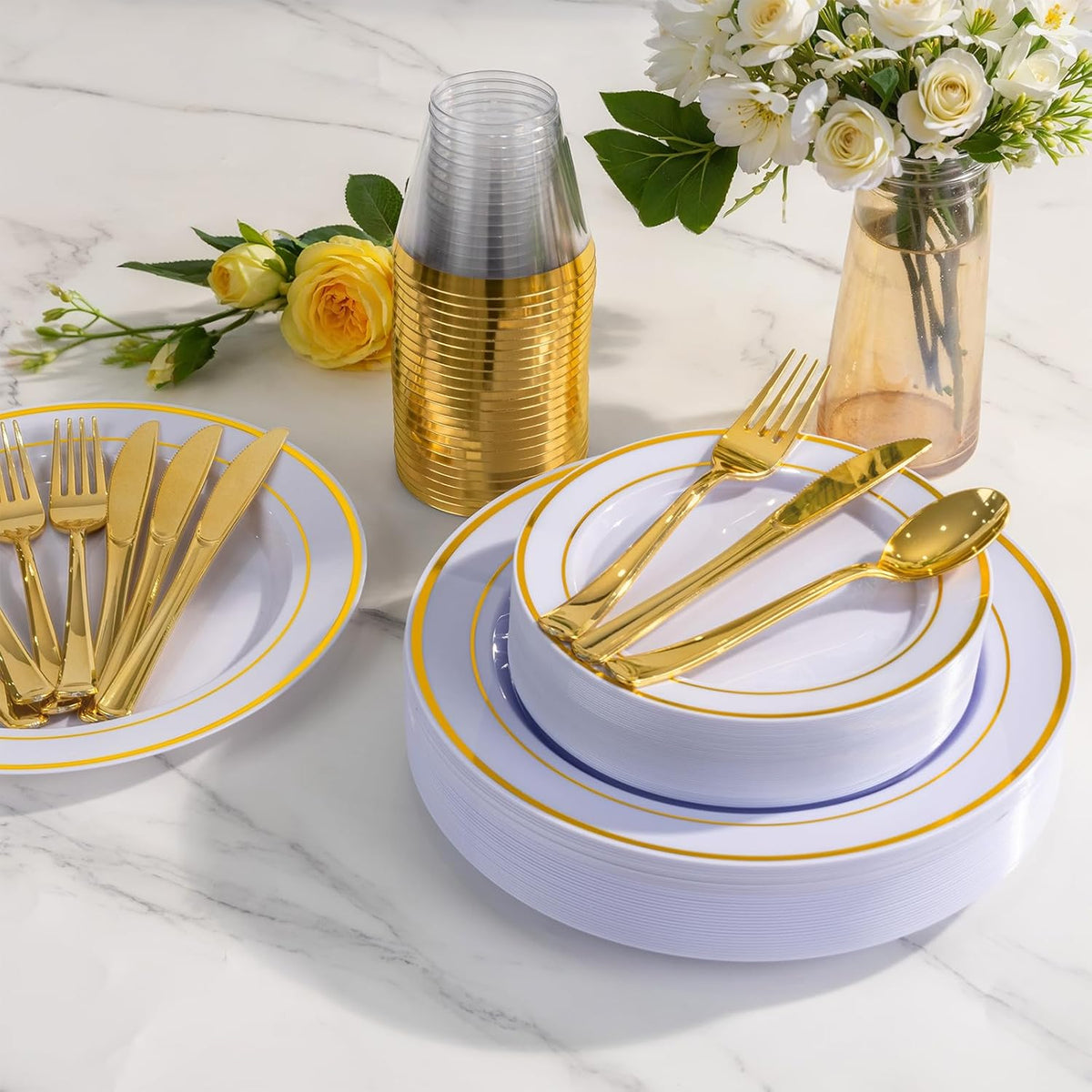 WELLIFE 450 PCS Gold Disposable Dinnerware Set for 75 Guests, 75 Each-Dinner & Salad Plates,Cups, Forks, Knives, Spoons for Wedding and Party Supplies