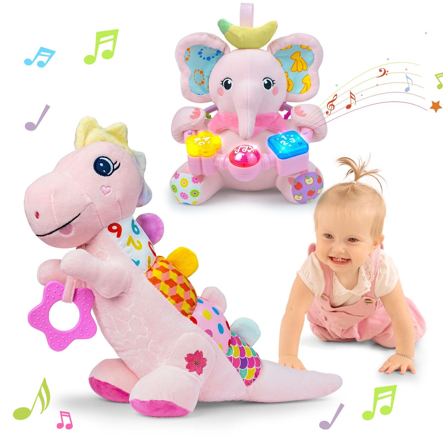 Holaxander Baby Boy Gift Set for 0-6-12+ Months (1 * Baby Elephant Musical Toy & 1 * Musical Plush Dino Toy)