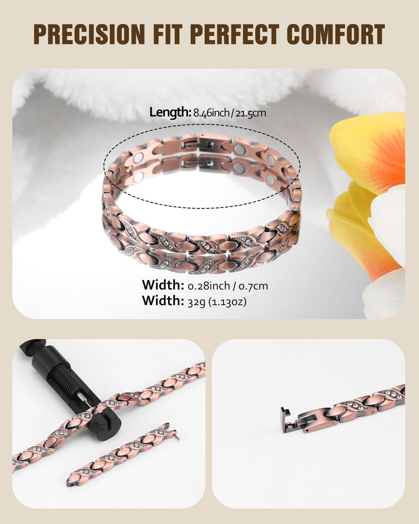 Jecanori Copper Magnetic Bracelets for Women, 99.99% Pure Copper Bracelets with Effective Neodymium Magnets, Adjustable Jewelry Gift with Sizing Tool