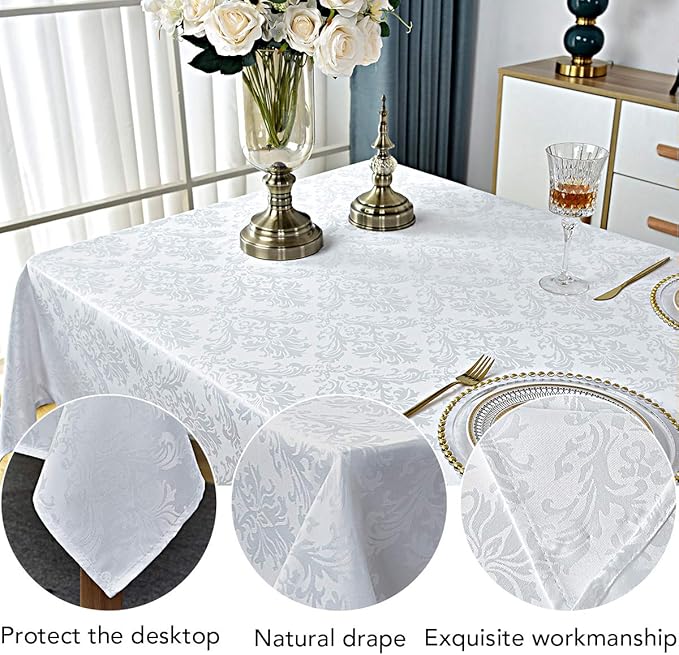 SASTYBALE Square Tablecloth - 52 Inch White Damask Table Cloth Jacquard Design Spill Proof Wrinkle Resistant Waterproof Soft Polyester Table Cover for Kitchen Parties Tabletop