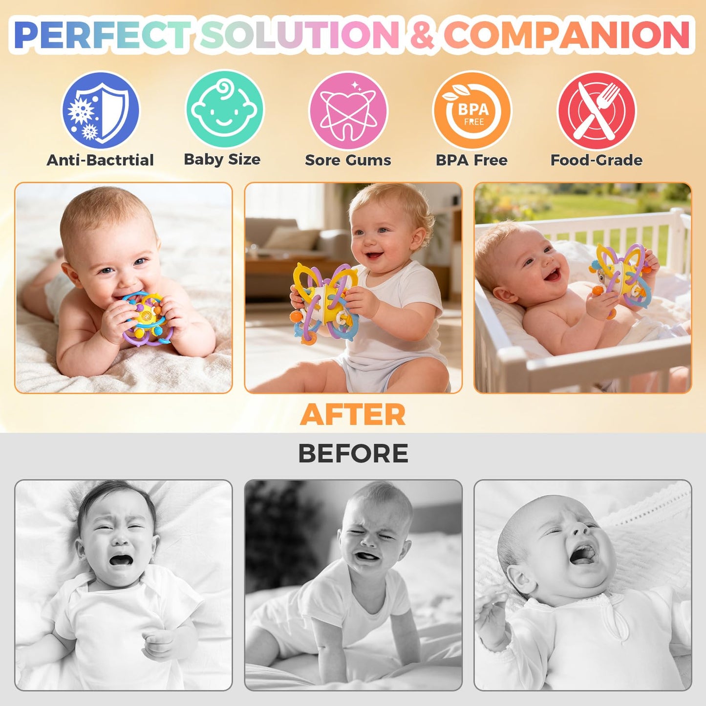 ANGELLE Silicone Teething Toys for Babies 0-18 Months, Montessori Sensory Teethers for Gum Relief, BPA Free Food Grade Chew Toys