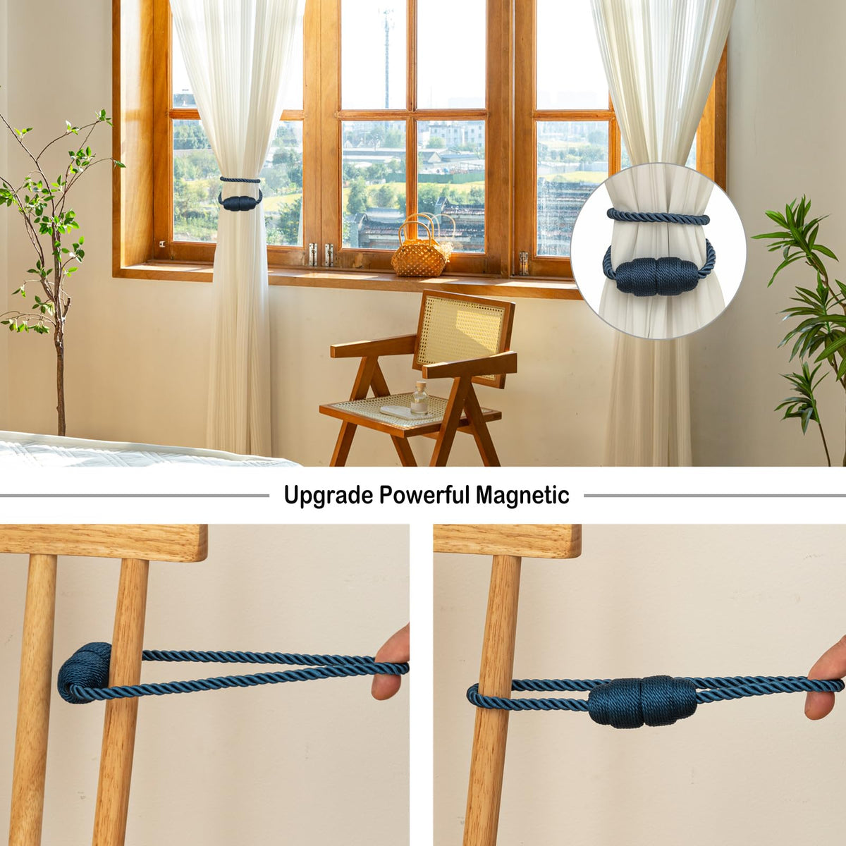 Magnetic Curtain Tiebacks Rope Curtain Tie Backs for Curtains 6 Pack Curtain Holders for Drapes Decorative Window Curtain Holdbacks (6 Count)