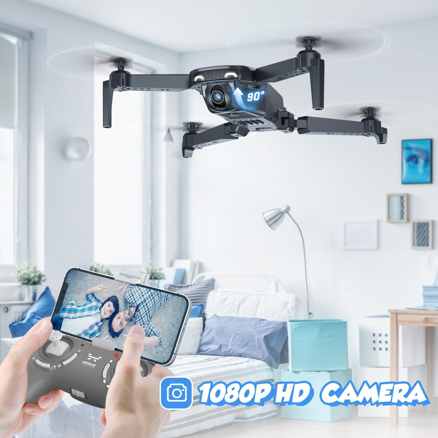 Drone with Camera for Kids Adults Beginners - 1080P HD RC Quadcopter with One Key Start/Land, Altitude Hold, Gravity Control, 2 Batteries, Cool Toys Gifts for Boys Girls, Black