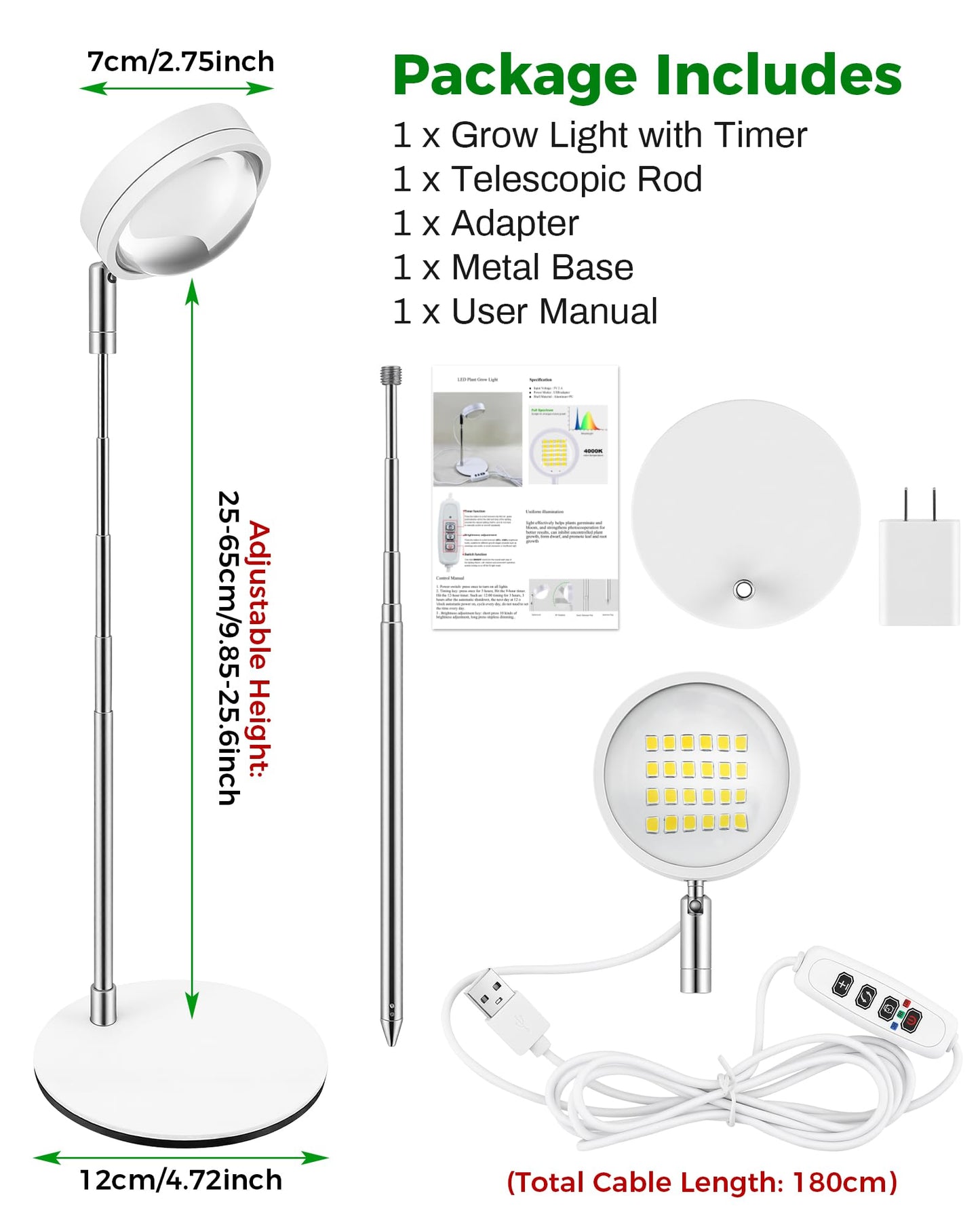 Tmsluody Plant Grow Light, Full Spectrum Grow Lights LED Spotlight with Metal Base, Desk Plant Growing Lamps with Auto On Off Timer 3/9/12H, 6 Brightness Levels, 9.8-25.6'' Adjustable Height