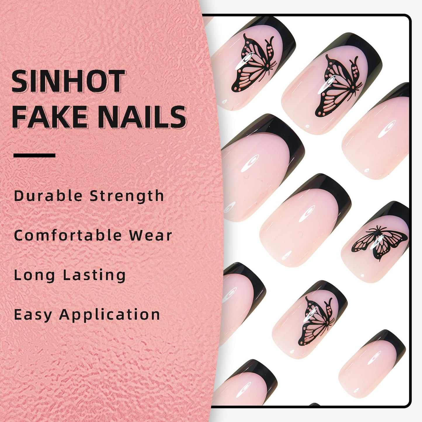 SINHOT Square Press on Nails - Short Fake Nails, Glossy Finish, Black Butterfly & French Tip, DIY Artificial False Nail Art - 24 Pcs Nail Kit with Glue