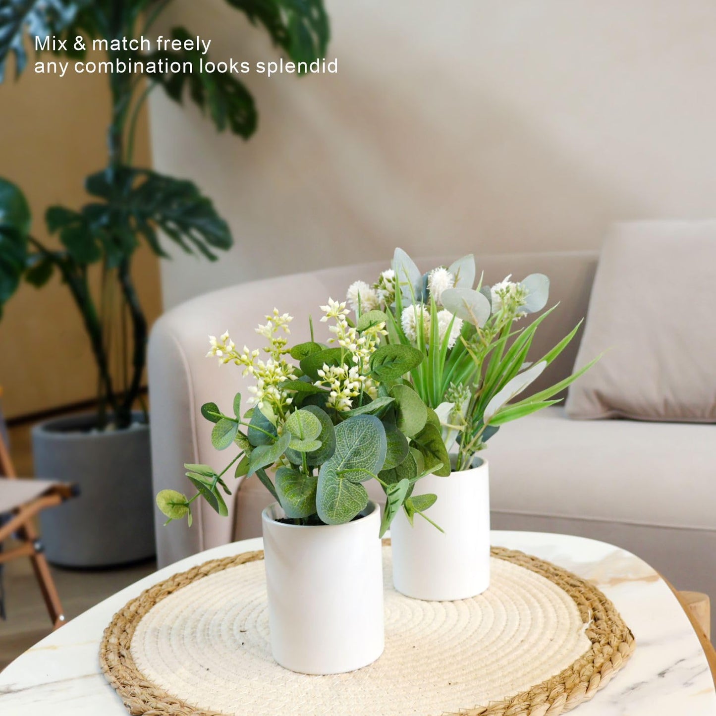 VINSUNI Artificial Plants with White Ceramic Vase, Eucalyptus Leaves and Pink Berry Stems, 3-Pack Fake Flowers for Bathroom Coffee Table Centerpieces