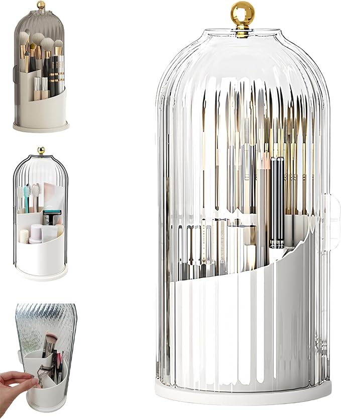 Concealed Toothbrush Holder, Rotating Bathroom Organizer Countertop, Toothbrush Holders with Cover, Bathroom Counter Organizer with Covered Makeup Brush Holder (1pcs White)