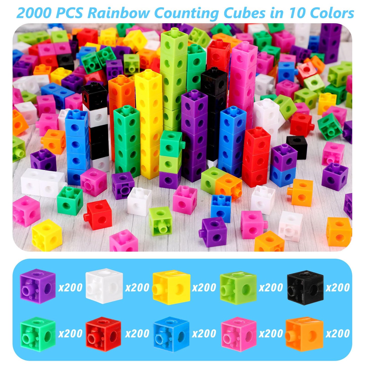 Jenaai 2000 Pieces Linking Cubes for Math Counting Cubes, Colorful Plastic Counting Blocks, Math Manipulatives Classroom Learning Supplies for Preschool Kindergarten Games