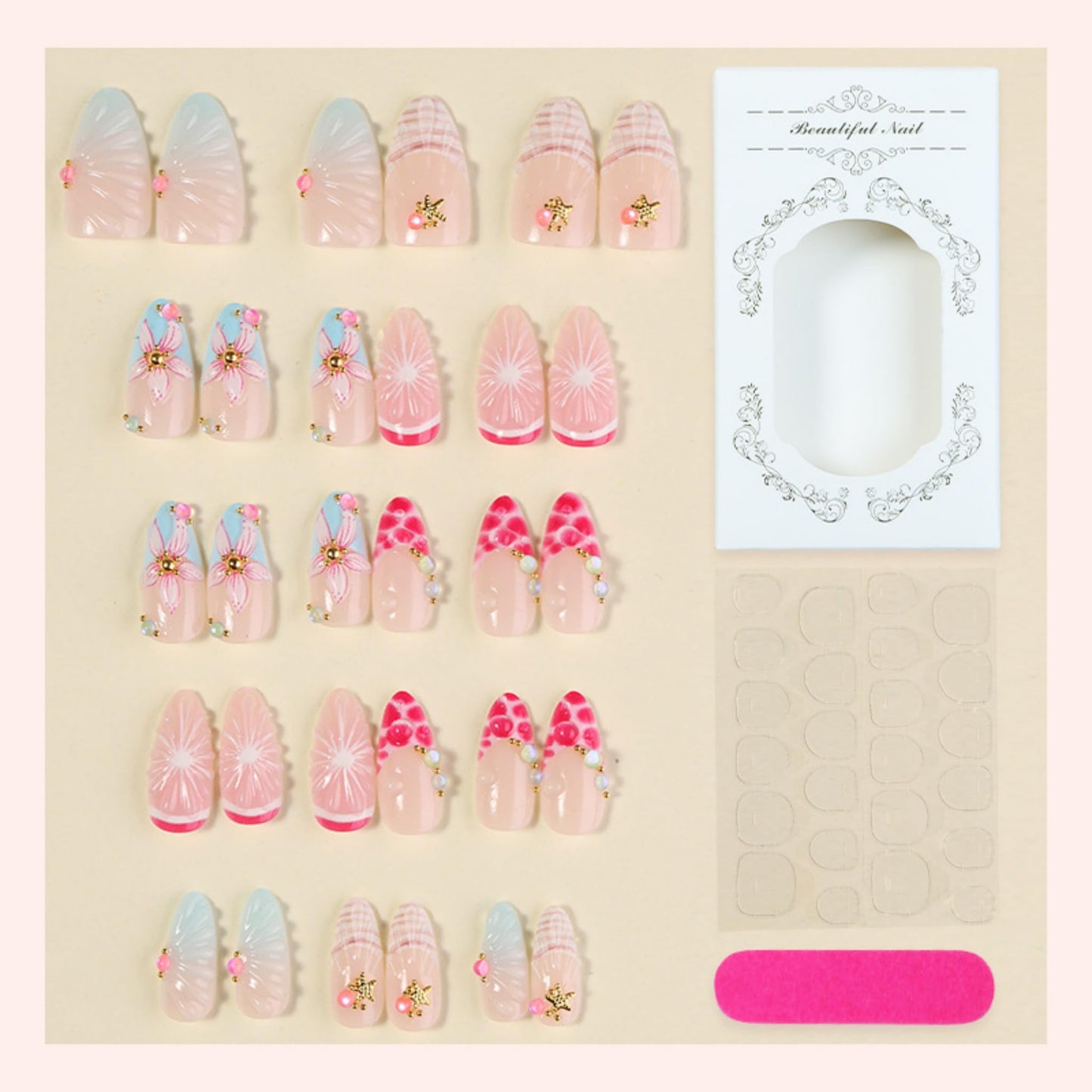 Long Press on Nails Stiletto Fake Nails Pink Artificial Nail 3D Flower Pearl Rhinestone Turquoise Beach Glossy Design Blue French Tip Stick on Nail for Women 24pcs