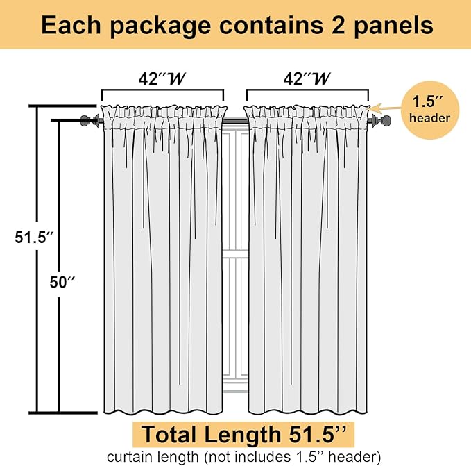 Lecloud Cream Sheer Curtains 50 Inch Length 2 Pcs, Rod Pocket Light Filtering Voile Rustic Farmhouse Bedroom Curtains, Airy Solid Window Drapes for Bathroom Basement, Each Panel 42" W x 50" L