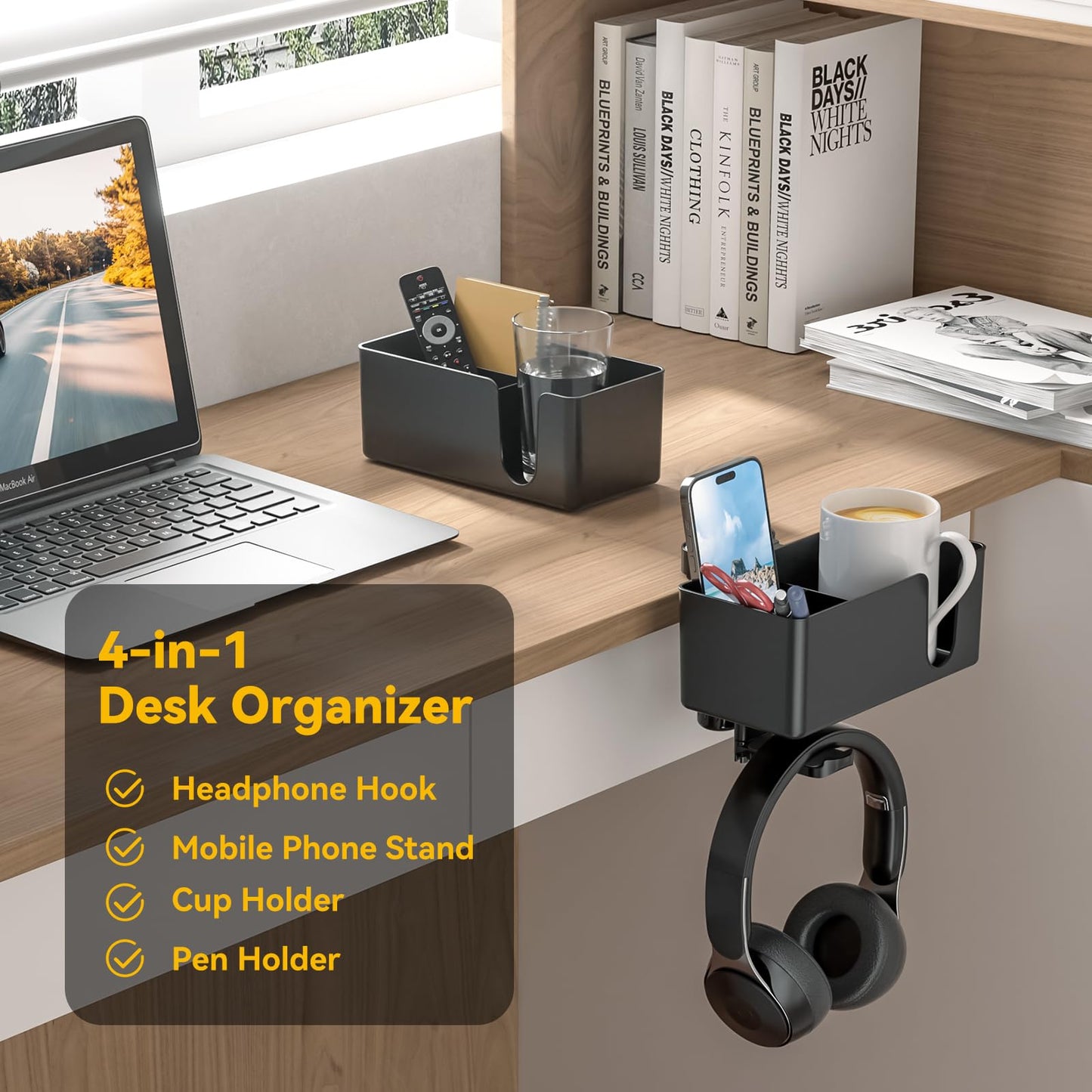 KDD 4 in 1 Desk Cup Holder - Clamp on Under Desk Headphone Hanger - Rotating Headphone Holder Detachable Pen Cup Holder Desktop Storage for Cup, Phone and Pen(Black)