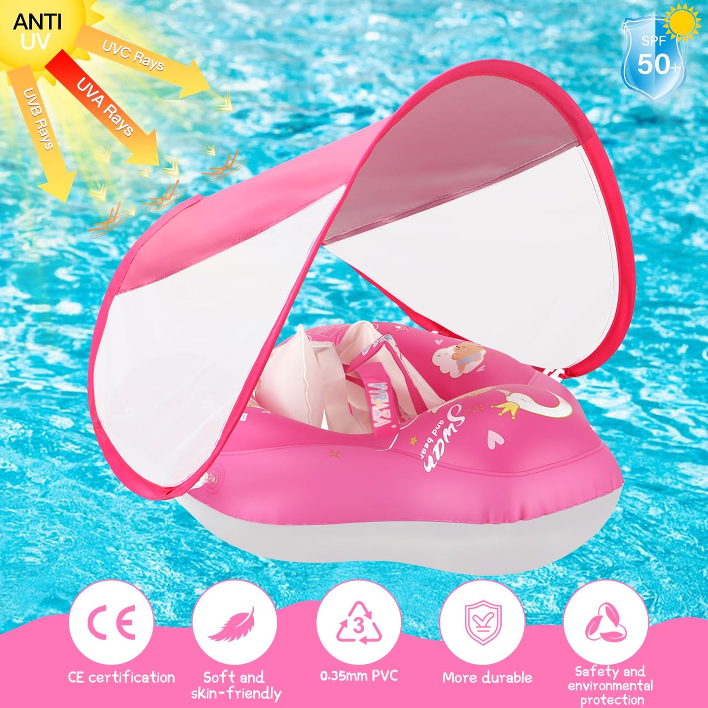 LOOWARTS Baby Float with Canopy,Infant Pool Float with Safety Seat,Baby Swimming Float & Swim Float & Water Float UPF50+ UV Protection for Toddler from 3 to 36 Months (S:3-12 Month)