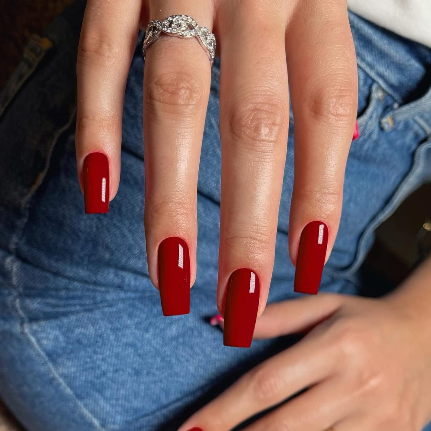 Red Press On Nails Medium Long Square, Xcreando Medium Coffin Nails Acrylic Nails Press ons Glue on Nails Medium Length, Solid Color Fake Nails for Women Holiday Thick Artificial Nails