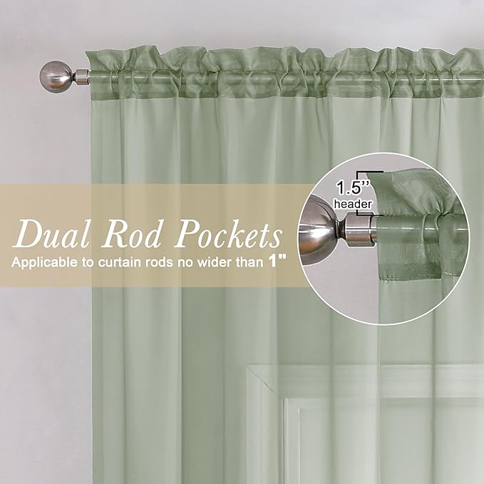 Lecloud Sage Green Sheer Curtains 45 Inch Long 2 Panels, Short Voile Drapes for Dinning Small Windows, Light Filtering Voile Curtain for Living Room Bedroom Bathroom, Dual Rod Pocket, 40" Wx45 L