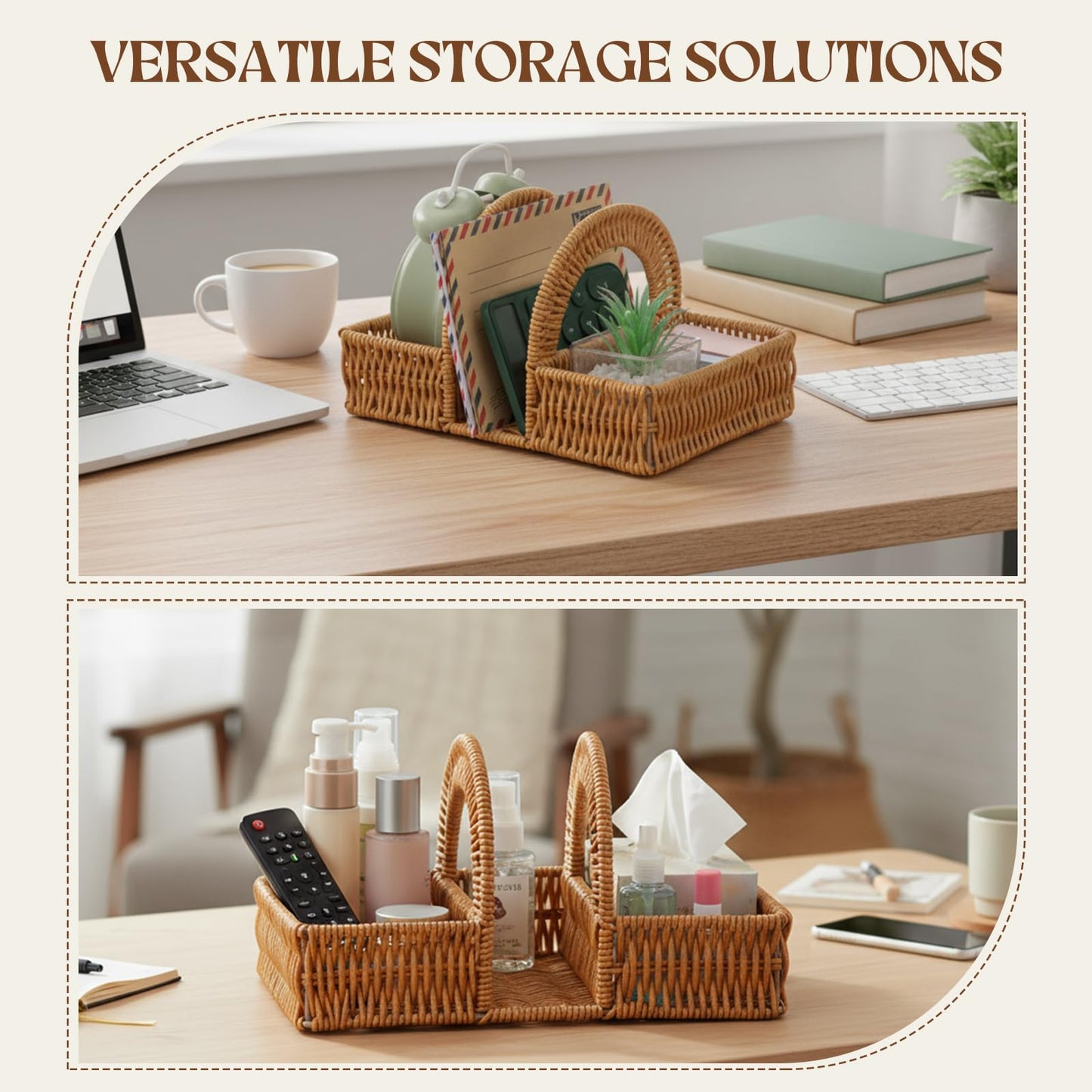 Boho Rattan Napkin Holder with Spice Rack Woven Dining Table Organizer for Napkins, Condiments Utensils Kitchen Counter Decor, Rustic Picnic Party Serving Caddy
