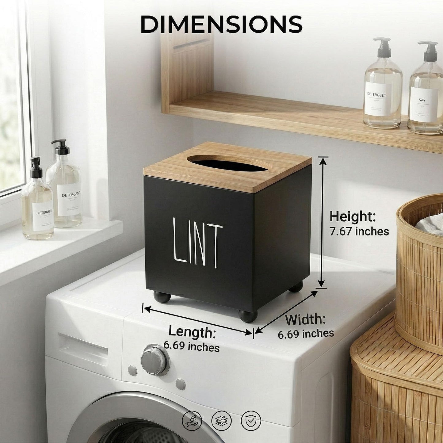 CHONIC Lint Bin for Laundry Room, Farmhouse Lint Box, Wooden Lint Holder with Lid, Lint Container for Laundry Room Decor, Dryer Lint Trash Can for Laundry Accessory Organization(Black)