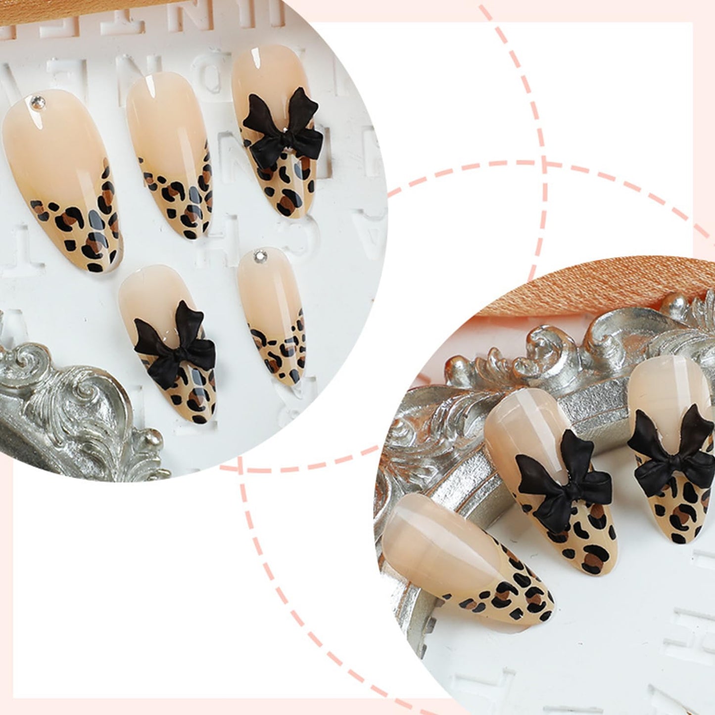 IMRAIN Medium Almond Press on Nails Leopard Print French Tips Fake Nails with 3D Black Bow Charm Design Brown Glossy Glue on False Nails Full Cover Stick on Nails 24Pcs