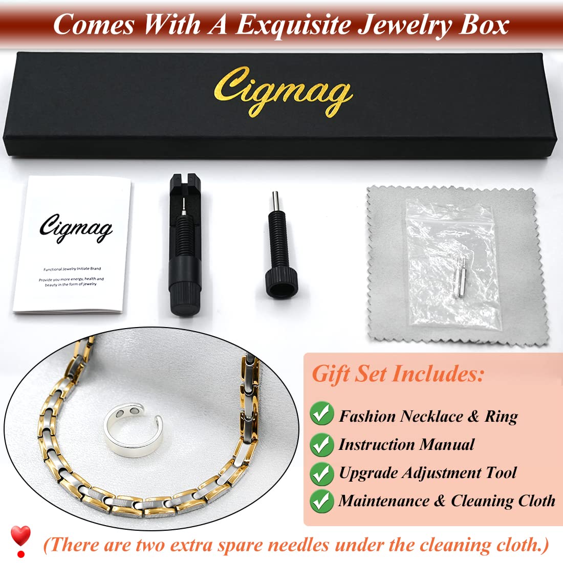 Cigmag Titanium Necklace for Men Women - Magnetic Necklace Ultra Strength Magnets - with Adjustable Sizing Tool and Present Box
